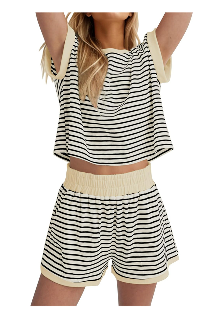 2 Piece Lounge Set Women Stripe Knit Short Sleeve Tee Shirts Shorts Casual Summer Loungewear Shorts Sets, Large, Beige 