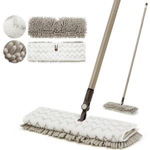 Eyliden Flip Dust Mop, Dual-Sided - One Side for Scrubbing, One Side for Dusting - Wet Dry Microfiber Mops for Hardwood Tile Laminate Ceramic Marble Floor Cleaning, 2pcs Reusable Pads (Brown)