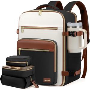 LOVEVOOK Travel Backpack For Women,40L Carry On Backpack Flight Approved, TSA Personal Item Travel Bag Fits 17 Inch Laptop, Business Weekender Overnight Daypack with Back Pad and Chest Buckle, Cubes (Black and White and Brown)