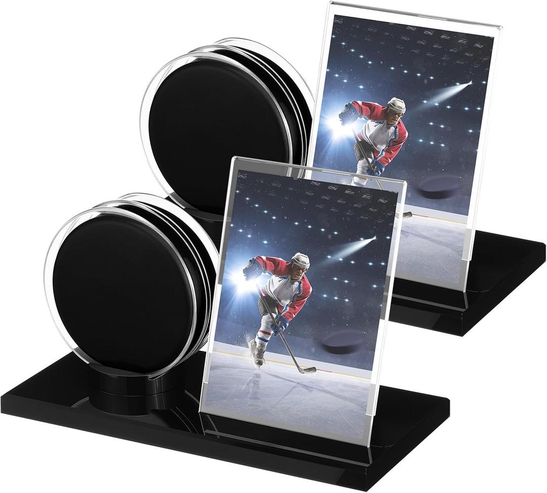 Yuntau 2 Sets Hockey Puck Display Case Acrylic Clear Hockey Puck and Card Display Holder with Black Base Showcase for Your Collection Souvenir Memorabilia Holder Stand