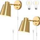 VATONI Plug in Wall Sconces, Dimmable Wall Sconces Adjustable Angle Wall Lights with Plug in Cord and Dimmer On/Off Knob Switch, Gold Wall Mounted Light for Bedroom Bedside Stairway(2 Pack, 2 Bulbs)