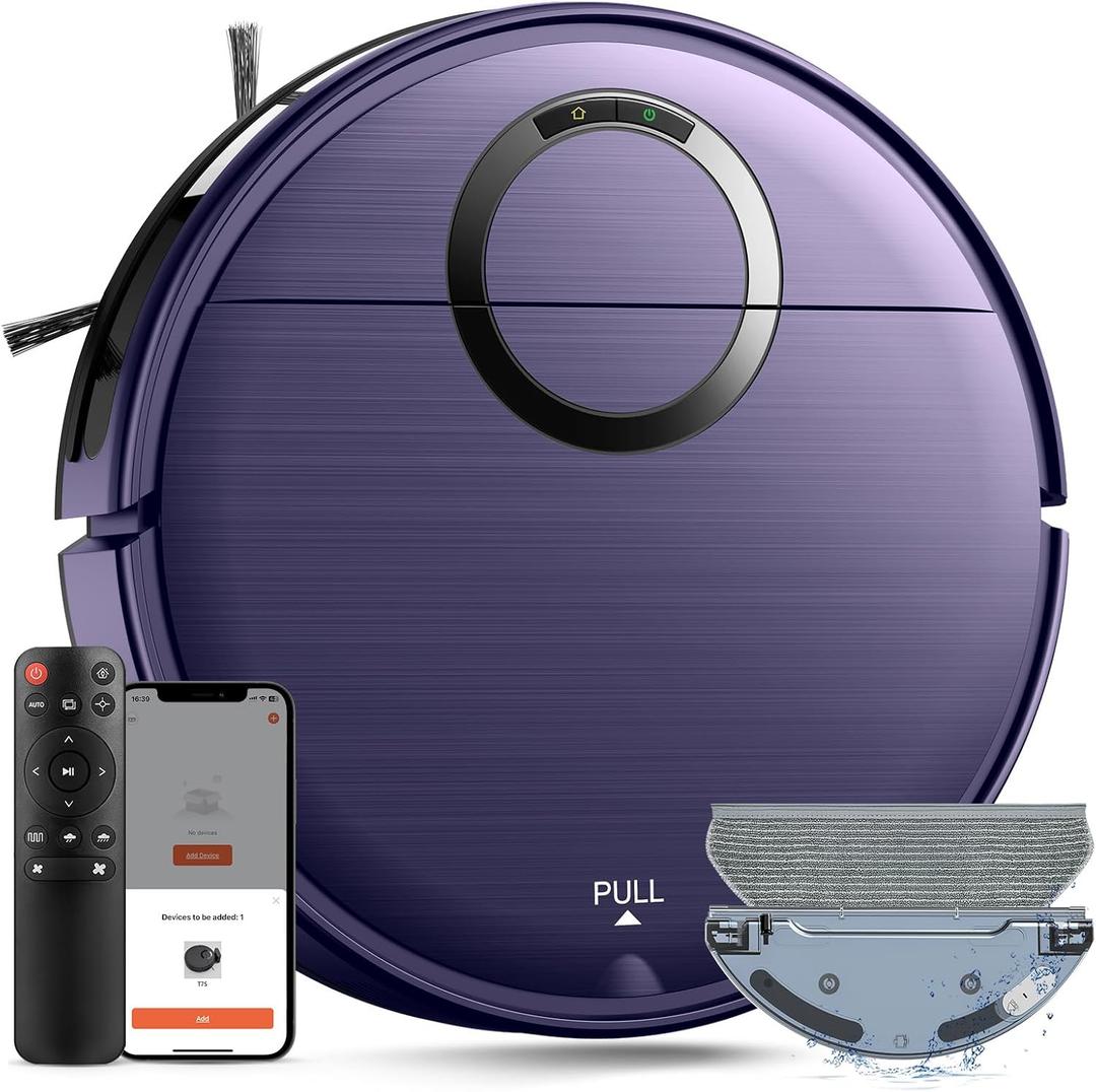 Robot Vacuum and Mop Combo, 2 in 1 Mopping Robot Vacuum Cleaner with 2000Pa Max Suction, Wi-Fi/App/Remote, Schedule, Self-Charging Slim Robotic Vacuum, Ideal for Pet Hair, Low-Pile Carpet, Hard Floor (Purple)