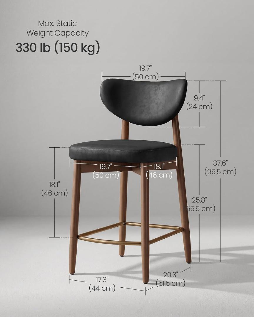 VASAGLE Wooden Bar Stools Set of 1, Upholstered Counter Height Barstools with Solid Wood Legs, Ergonomic Backrest, Mid Century Modern, for Kitchen Island, Synthetic Leather, Ink Black
