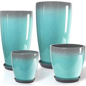 ZMTECH 24/21/12/10" H Large Plastic Planters with Drainage Hole and Saucer -Set of 4 Tall Lightweight Flower Pot for Front Porch Patio Deck,Sky Blue with White Spots