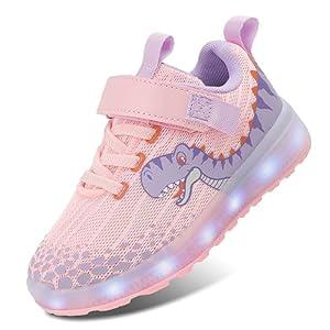 SKASO Led Toddler Shoes - Light Up, Non Slip, Comfortable Sneakers with Hook and Loop - Dinosaur Shoes - Pink - Little Kid Size 12