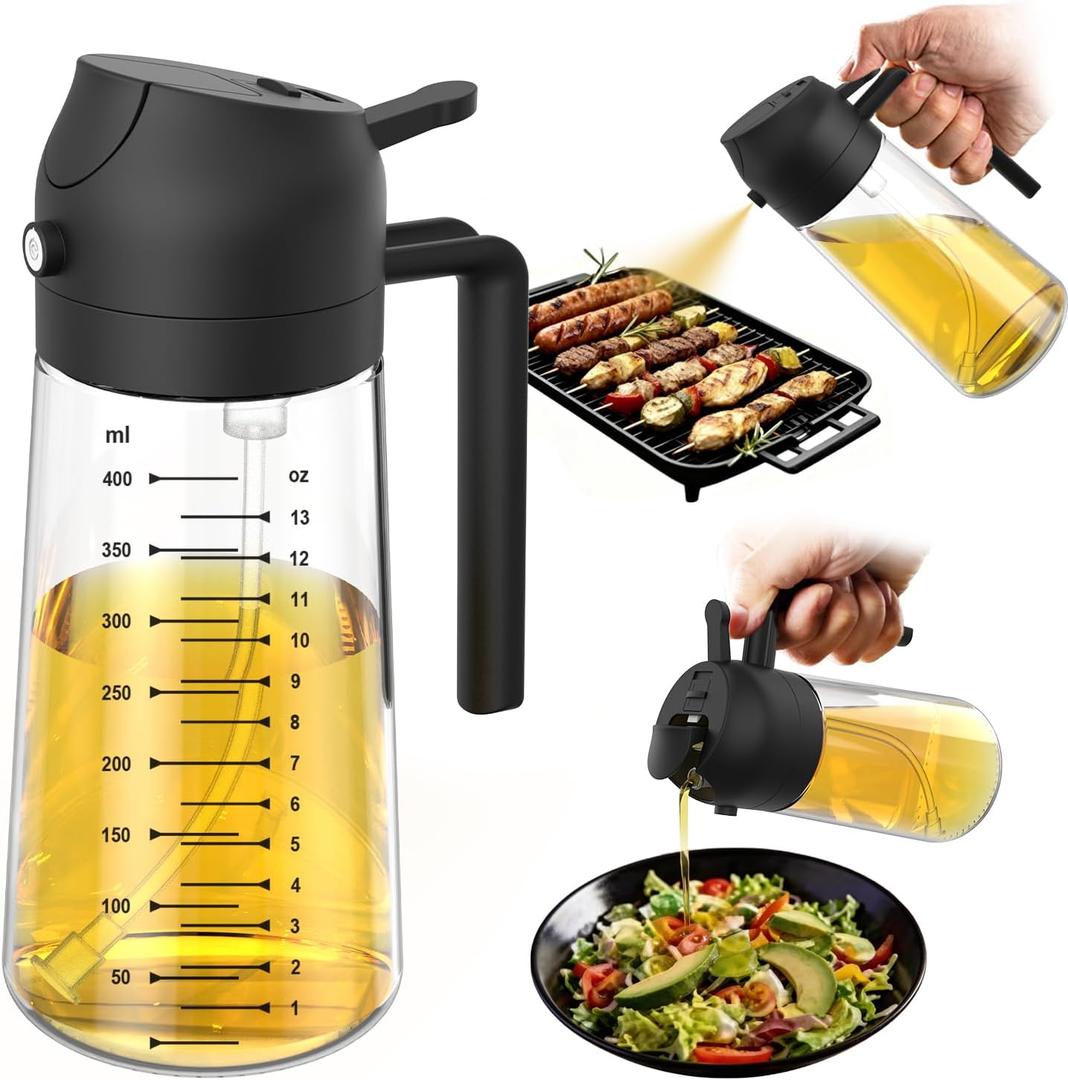 TrendPlain 16oz/470ml Glass Olive Oil Sprayer for Cooking 2 in 1 Olive Oil Dispenser Bottle for Kitchen Gadgets and Air Fryer Accessories, Salad, BBQ - Black