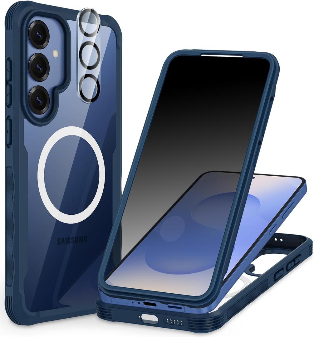 CENHUFO Magnetic Privacy for Samsung Galaxy S25 Case, Full Body Phone Case with Built-in 9H Tempered Glass Privacy Screen Protector and Camera Lens Cover, Shockproof Protective Clear Bumper -Blue