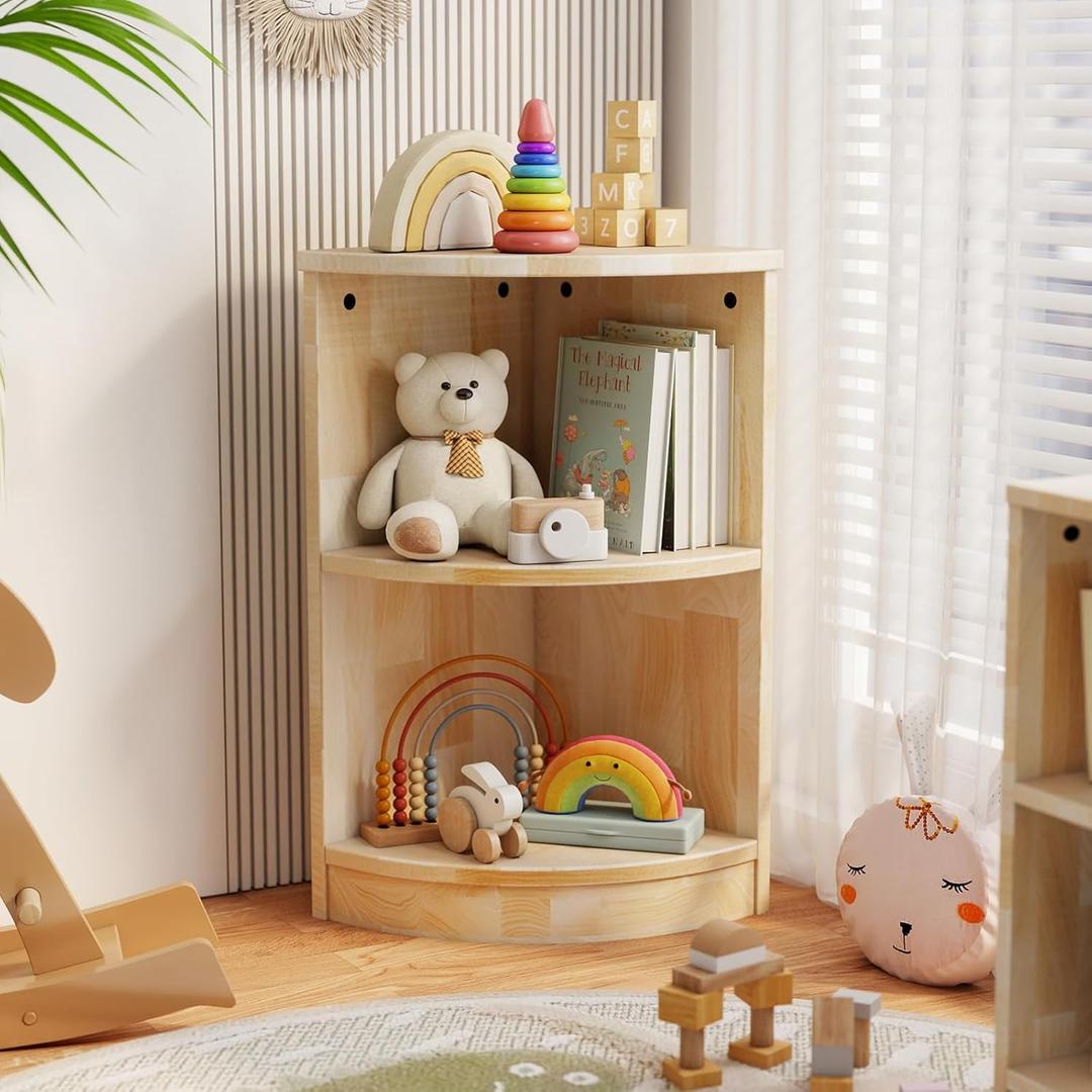 Rubber Wood Corner Cabinet, 2-Tier Kids Montessori Shelf, Toy Storage Organizer and Book Shelf for Playroom, Nursery, Kids Room, Kindergarten