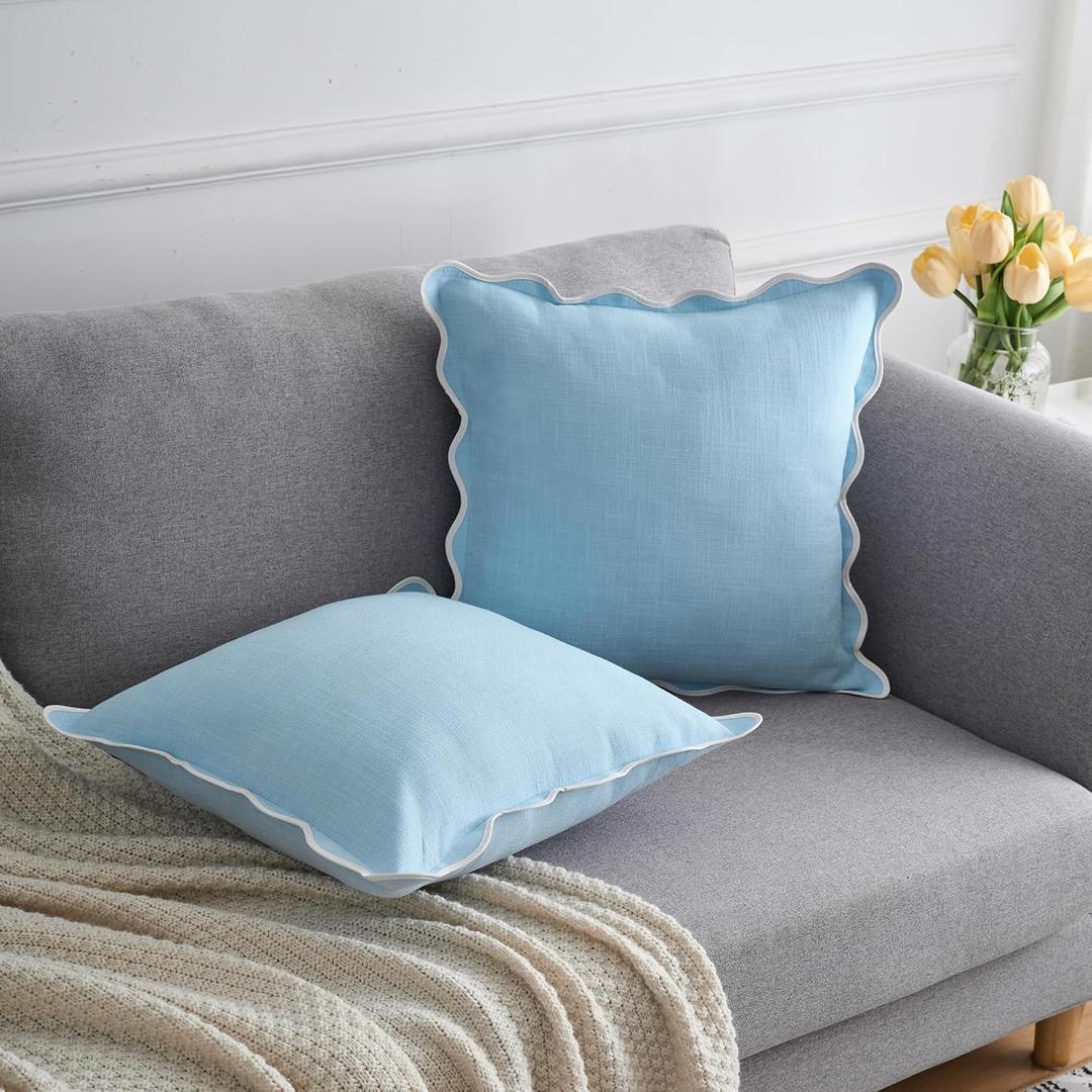 Scalloped Throw Pillow Covers 20x20 Inch Set of 2, Cotton & Linen, Boho Sytle Decorative Couch Bed for Living Room (Blue Pillow & White Edge)
