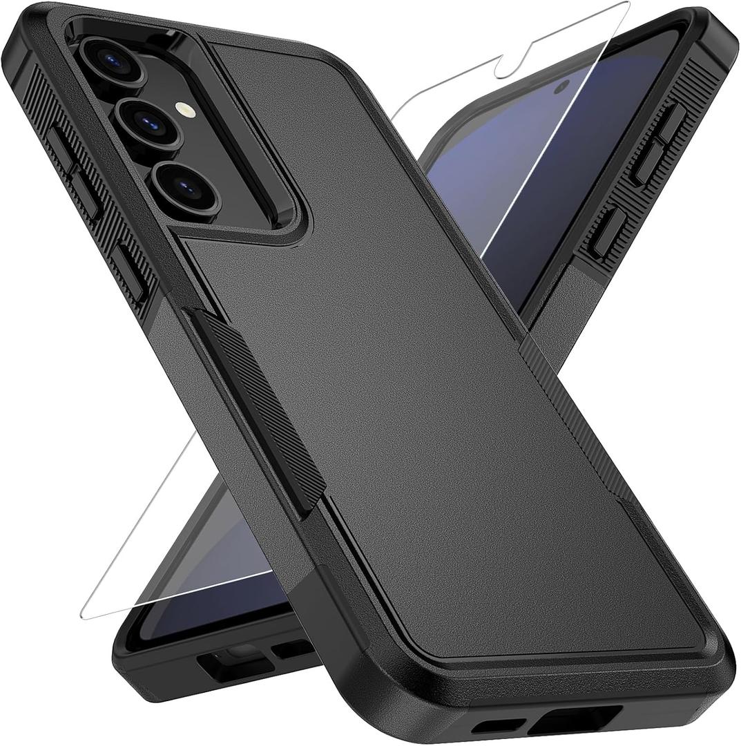 Vinve for Samsung Galaxy S25 Case with HD Screen Protector, Military-Grade Shockproof & Dual-Layer Protection, Anti-Slip Grip Design Phone Case, Black