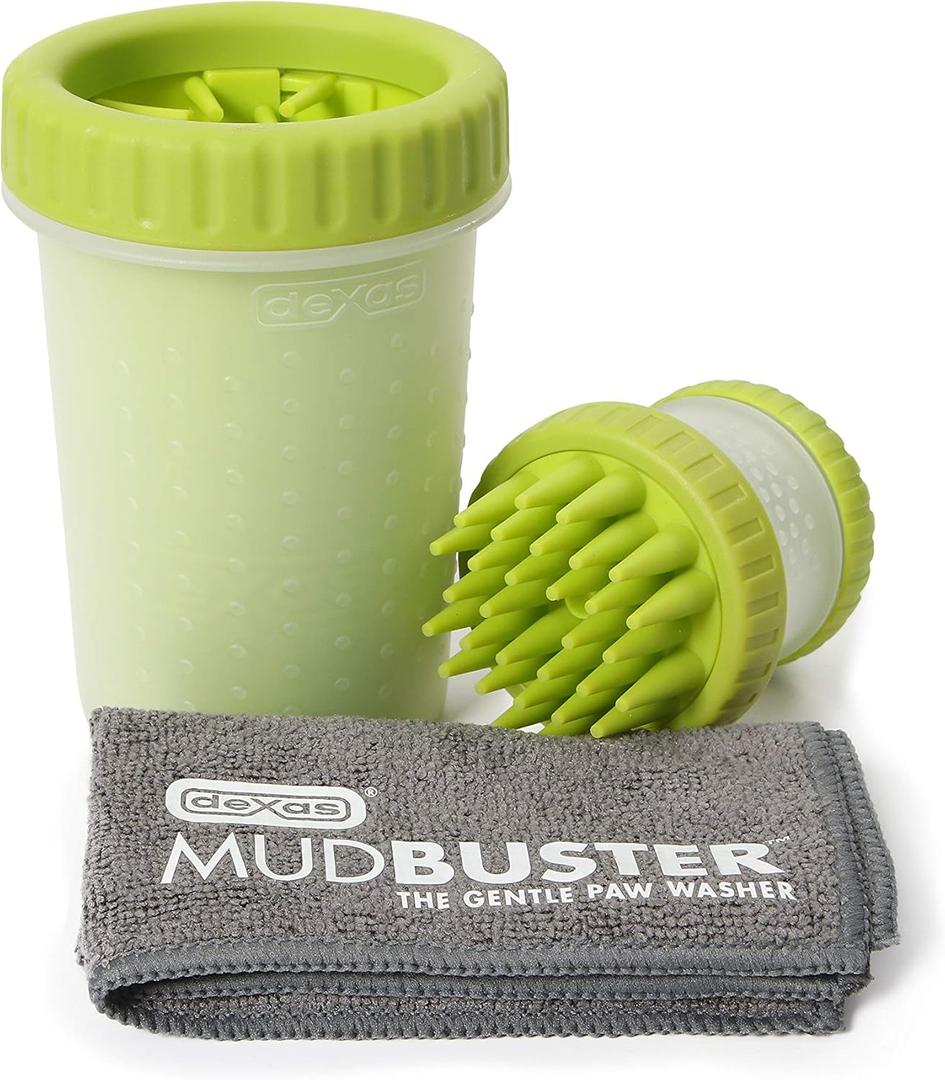 Dexas MudBuster Portable Pet Cleaning Kit with Dog Paw Washer, Pet Bathing Brush, Microfiber Towel, Medium, Green (Medium MudBuster Set, Green)