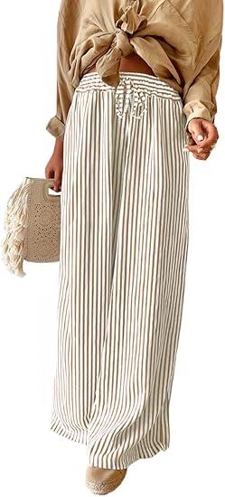 Acelitt Women Casual Drawstring Elastic Waist Striped Wide Leg Pants with Pockets (Beige, S)