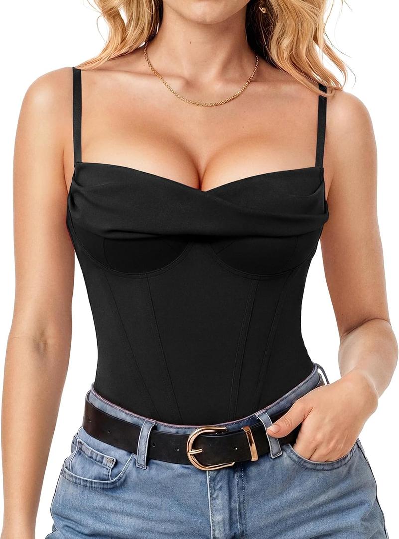 Popilush Corset Bodysuit for Women Tummy Control Shapewear Bodysuits Cowl Neck Going Out Tops Concert Outfits, Black, XL