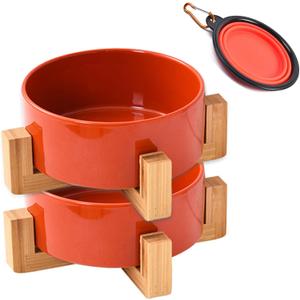Petygooing Ceramic Dog Bowl Set with Stand, Small Cat Dog Food and Water Bowl, Anti-Slip Set of 2 Bowls - 13.5 OZ (5.1In / 1.7 Cups) Rust Red