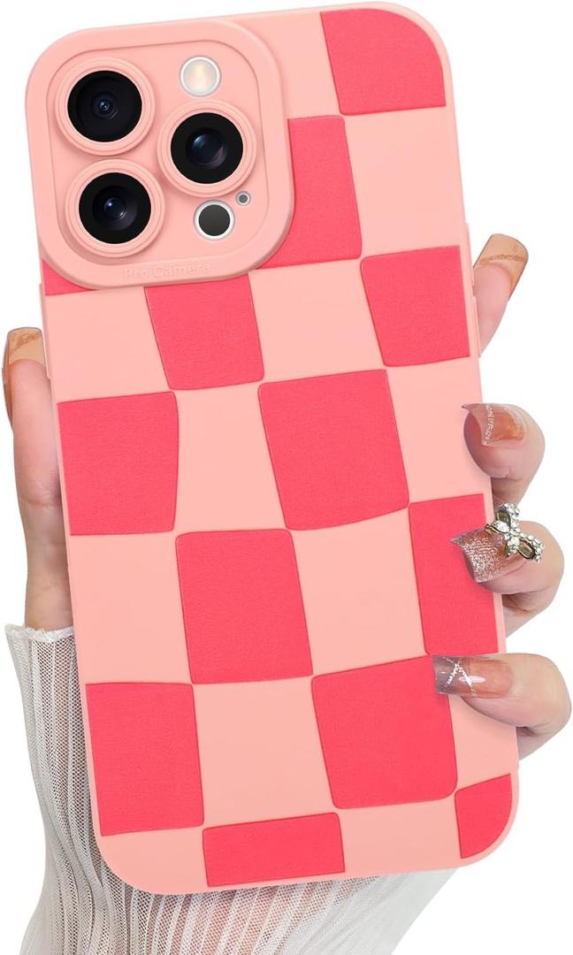 KANGHAR Compatible with iPhone 13 Pro Case, Silicone Checkered Cute Pattern, Camera Protection Soft Slim Phone Case for Girls Women (Pink)