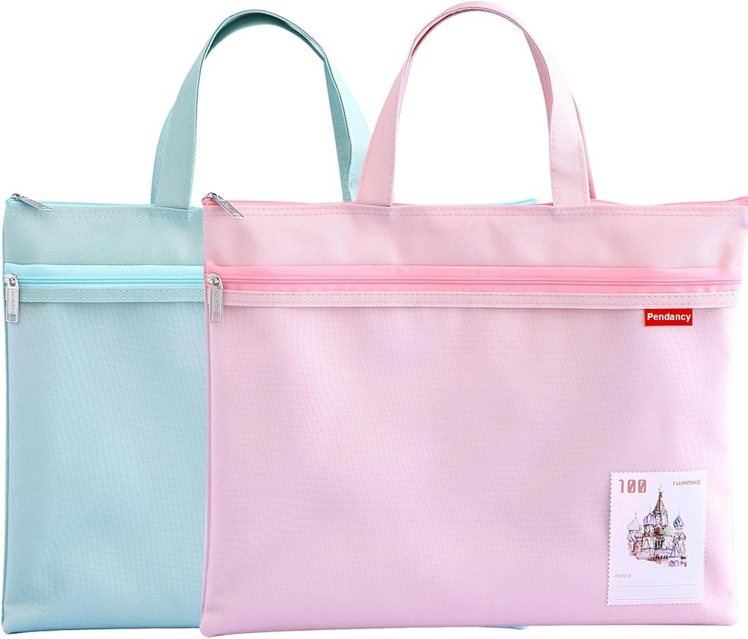 Pendancy Mesh Zipper Pouch 11x13.7 in, 2 pcs Large Double Pocket Waterproof File Bag with Handle, A4 Size Foldable Document Storage for Puzzle Project/Cross Stitch/Travel/OfficeGreen Pink