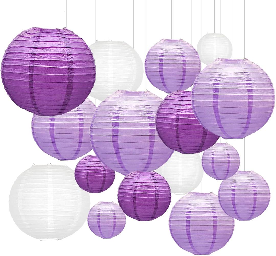 Purple Round Chinese Paper Lanterns Decorative 16pcs Paper Hanging Lantern Decorations for Wedding Mermaid Theme Birthday Party Decorations