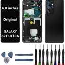 6.8"" Original AMOLED Display for Samsung Galaxy S21Ultra SM-G998U SM-G998U1 SM-G998W Screen Replacement S21 Ultra 5G Display Touch Screen Digitizer Assembly (with Black Frame+Back Cover+Tools)