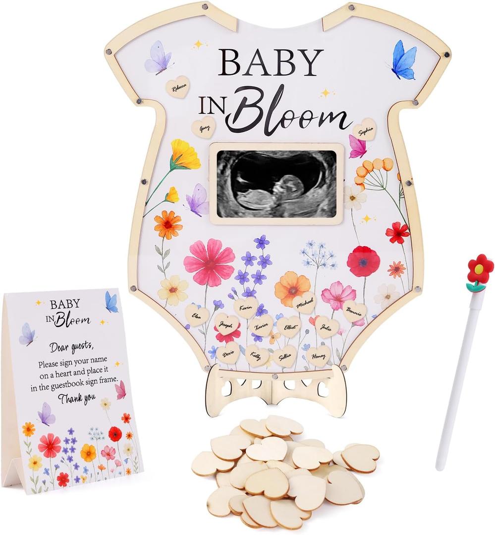 Baby in Bloom Baby Shower Decorations,Wildflower BabyShower Guest Book Alternatives with Floral Pen,Photo Frame and 60 Heart Wood Slices for 60 Guests,Gender Reveal Decorations