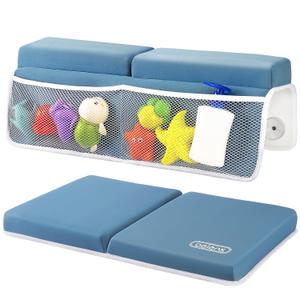 beiens Bath Kneeler and Elbow Rest Pad Set - 1.5'' Comfortable Thick Baby Bath Kneeler Pads, Quick Dry Soft Kneeling Pad for Baby Bath Time, Non-Slip Knee& Arm Support Bathtub Mat with Toys Organizer (Grey Blue)