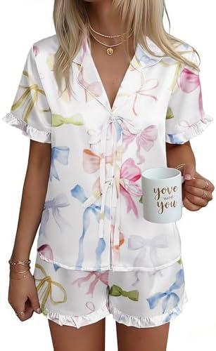 Ekouaer Satin Pajama for Women Short Sleeve Silky Pj Short Set Bow Front Tie Up Loungewear Sleepwear,Small