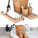 Bamodi Bamboo Bathroom Decor Set - 5-Piece Aesthetic Decorative Accessories for Restroom - 7x2.5X.2.5-Inch Set Includes Toiletry Box, Toothbrush Holder, Liquid Soap Dispenser, and Wooden Towel Tray