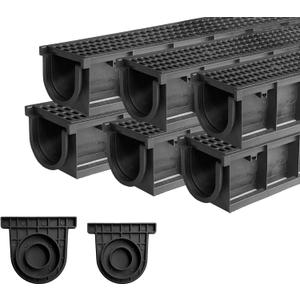 Deep Profile HDPE Trench Drain-39.4Lx6.1Wx5.5H in. Channel Drain with Grates,6 Pack Total Length 236.22 in, Plastic Trench Drain System for Outdoor,Downspout,Yard Fence,Pool,Sidewalk,Patio (6 Pack 39.4Lx6.1Wx5.5H in, Black Trench Drain With Hdpe Grate)