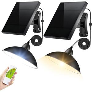 Intelamp Solar Pendant Lights Indoor Outdoor, 2 Packs 4000mAh Gazebo Shed Chandeliers with Remote All Day/Night Mode 16.4Ft Hanging Warm White Lighting for Outside Barns Chicken Coop
