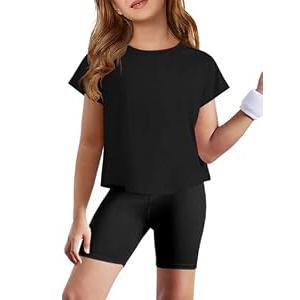 ZDC Girls Athletic Yoga Shirts Summer Short Sleeve Quick Dry Crop Tops Basic Gym Tees 5-14 Years Black