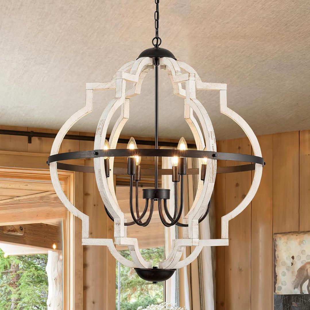 31.5'' 8-Light Farmhouse Chandelier for Dining Room Vintage Rustic White Wood Pendant Light Fixtures Globe Hanging Ceiling Lighting for Hallway Entry