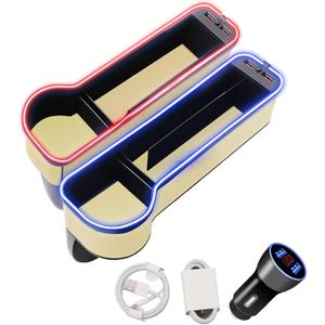 Car Seat Gap Filler Organizer, 2 Pack Multifunctional Car Seat Organizer, 7 Colours Changing LED Car Seat Seam Filler, Auto Console Side Storage Box with Cup Holders (beige)