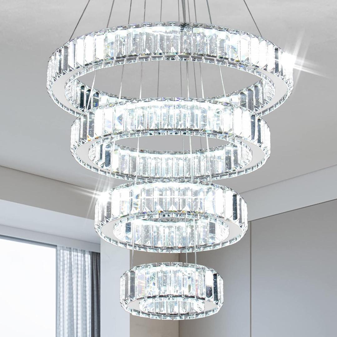 Modern Crystal Chandelier LED Pendant Light 4 Ring Chandelier LED Crystal Chandeliers for Dining Room Bedroom Living Room Cool White Dia 7.9"-11.8"-15.7"-19.7"