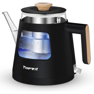 Topwit Electric Kettle, 1.0L Electric Tea Kettle with Removable Stainless Steel Infuser, BPA-Free Electric Glass Kettle with Window, Double Wall Water Warmer, Gooseneck, Auto-shut Off, Black