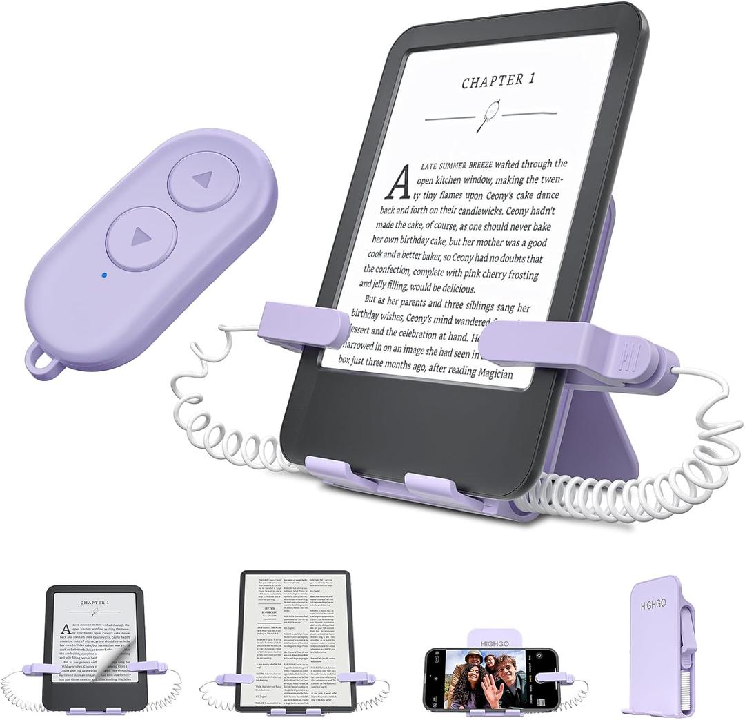 Remote Control Page Turner and Stand for Kindle Paperwhite Oasis eReaders,Clicker Page Turner Forward and Backward,Kindle Accessories for iPhone,iPad,Tablets Reading,Camera Video Record &Selfie (Purple)