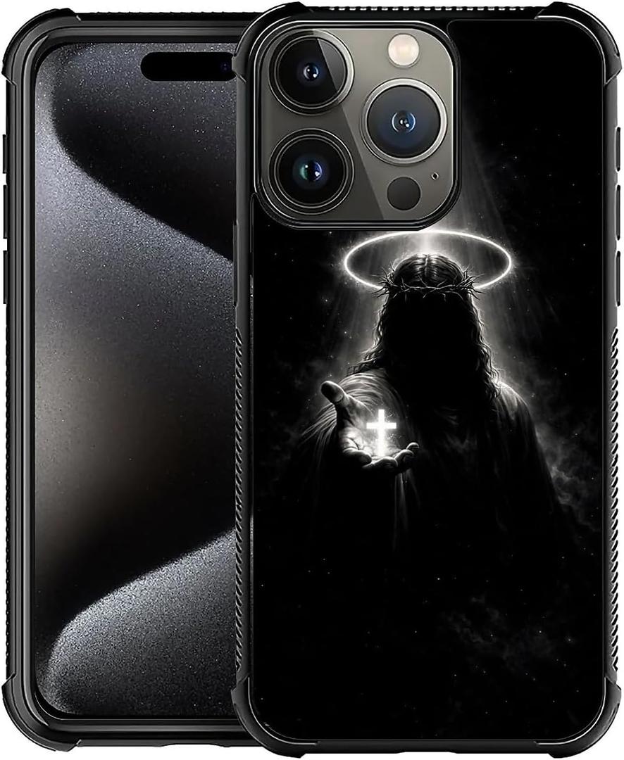 for iPhone 15 Pro Case with God Cross Four Corner Airbag Protection Design Anti Slip Soft Silicone Frame Personalized Pattern Case Compatible with iPhone 15 Pro for Men