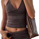 Verdusa Women's 2 Piece Sets Matching Set Backless Halter Tops with Foldover Micro Shorts Vacation Going Out Outfits Brown, Small