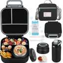 Bento Lunch Box for Kids with 7oz Soup Thermo,Insulated Stainless Steel Kids Water Bottle with Straw and Insulated Lunch Bag,Leak-Proof Lunch Food Container with Ice Pack for School(Black)