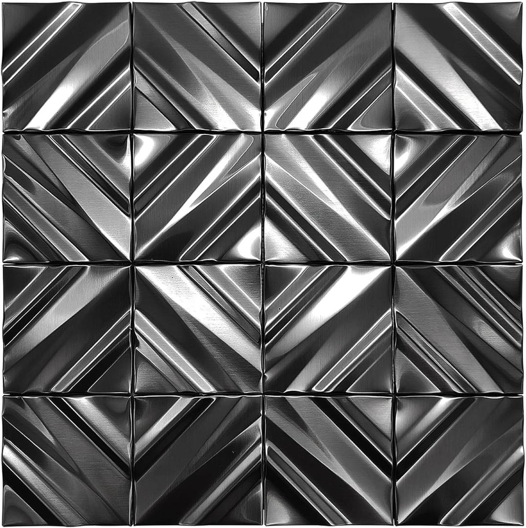 Blujellyfish Black Backsplash Tile for Kitchen Bathrrom Chevron Accent Wall Tiles 3D Wall Panels Modern Textured Decorative Tile for Luxury Home (Pack of 5)