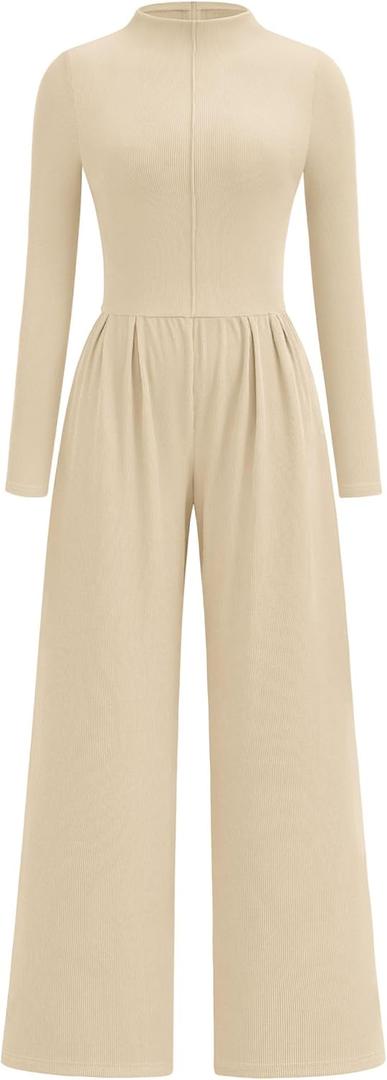 PRETTYGARDEN Long Sleeve Jumpsuit for Women 2026 Fall Date Night Rompers Dressy Casual One Piece Mock Neck Jumpsuits Pockets (Beige, L)