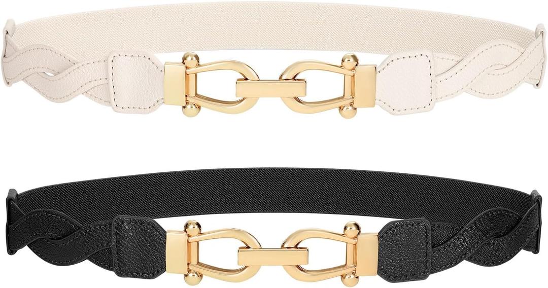 SANSTHS 2 Pack Thin Elastic Belt for Women, Stretch Belt Women for Dresses Jeans Coats with Gold Buckle (Fit waist from 36"-40", C-black+beige)