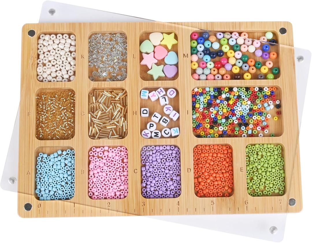Favonuovy Seed Beads Sorting Tray with Magnetic Acrylic Lid and Elastic Band Bead Boards for Jewelry Bracelet Making Wooden Beading Mat Engraved with 7in Ruler, 13 Compartments and Letter A-M