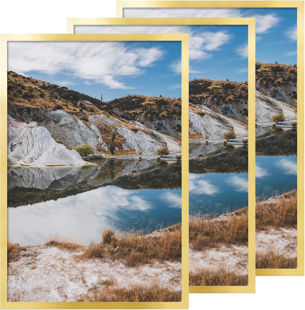 QDSSDECO 24" x 36" Poster Frame with Wood and Plexiglass, 3 Pack Gold, 24"x36"3pk