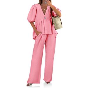 Tankaneo Womens 2 Piece Linen Sets Summer Vacation Outfits V Neck Puff Sleeve Babydoll Tops Wide Leg Pants Matching Sets (Pink, M)