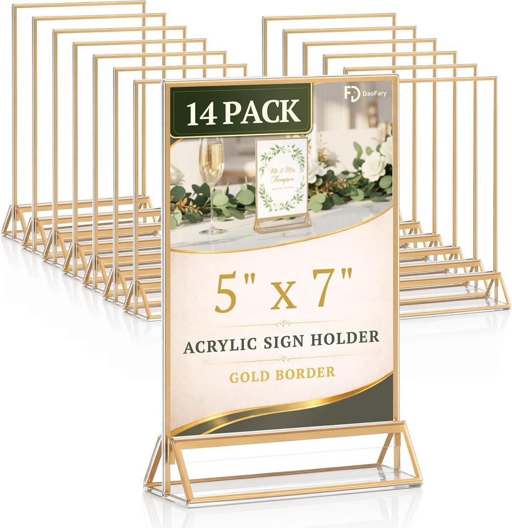 Daofary Acrylic Sign Holder 5x7, 14 Pack Double Sided Clear Gold Frame Tabletop Display, Menu Flyer Table Number Holder for Wedding Reception and Restaurant Tables