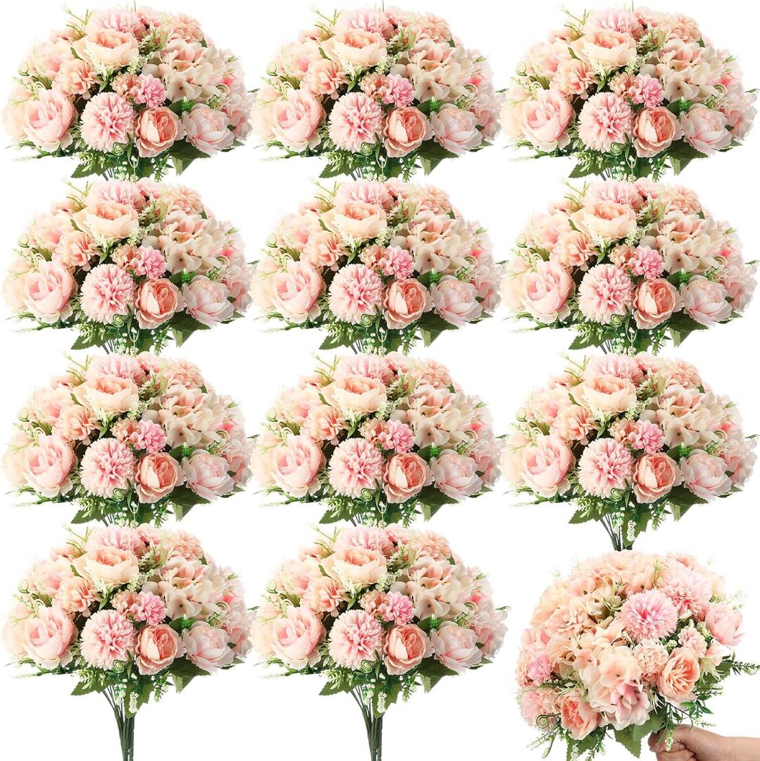 Tigeen Artificial Flowers Artificial Peonies Silk Flowers Faux Peony Fake Peony Silk Hydrangea Bouquet for Wedding Table Centerpiece Floral Vase Decor(Pink,24 Bundles)
