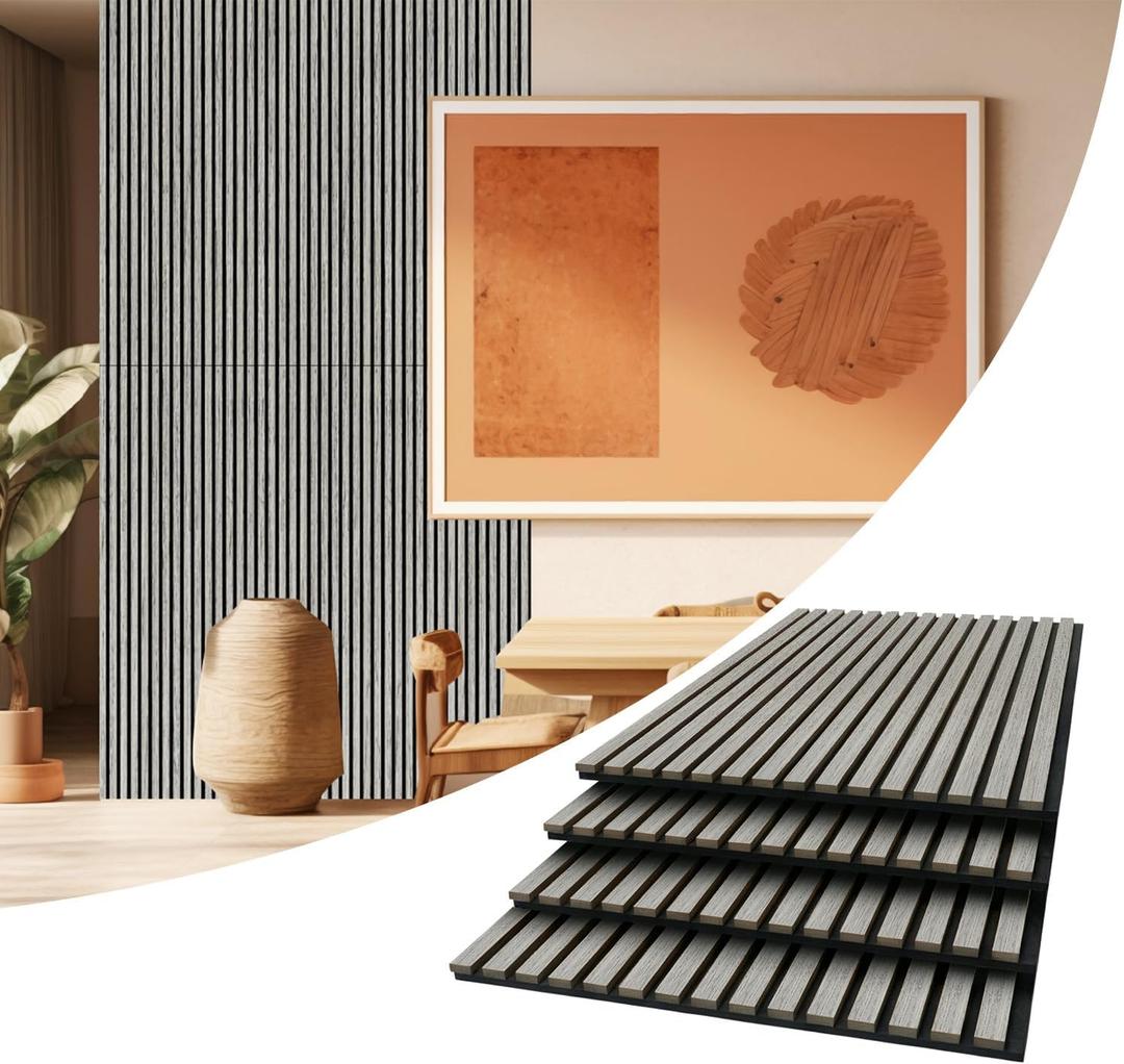 AKUMAX Wood Slat Acoustic Wall Panels, 4 Pack 24 x 48 in Each, 31 Sq Ft, NRC 0.80 Sound Absorbing 3D Slat Wall Paneling with Real Wood Veneer, E0 MDF and PET Felt, Gray Oak