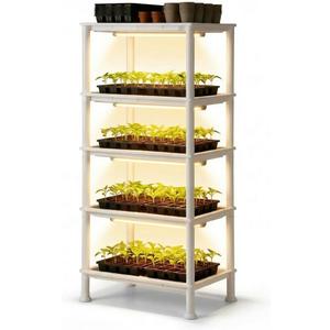 5-Tier Seed Starter Trays, Plant Stand with LED Grow Light (Auto-Timer), Bottom Watering Designed for Indoor Greenhouse Plants, Fits Small Pots & Seedling Cell Trays - White