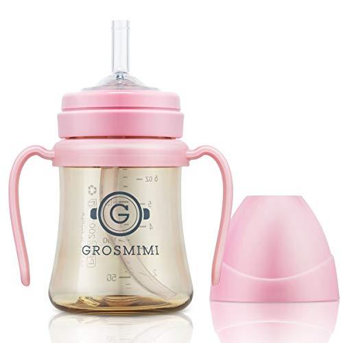 GROSMIMI Spill Proof no Spill Magic Sippy Cup with Straw with Handle for Baby and Toddlers, Customizable, PPSU, BPA Free 6 oz (Pink)