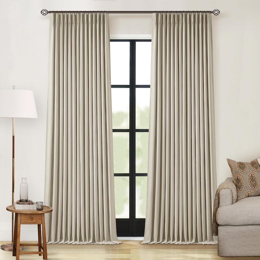 90 Inch 100% Blackout Linen Pleated Curtains 2 Panels for Living Room Pinch Pleated Back Tab Black Out Drapes Memory Shape Taupe Heat Reducing Pinch Pleat Window Curtains for Bedroom 90 Inches Long (Burlywood Birch)