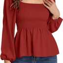 Umenlele Women's Long Sleeve Square Neck Shirred Ruched Ruffle Peplum Blouse Shirt Tops (Medium)